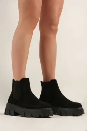 Black Faux Suede Chunky Heel Boots