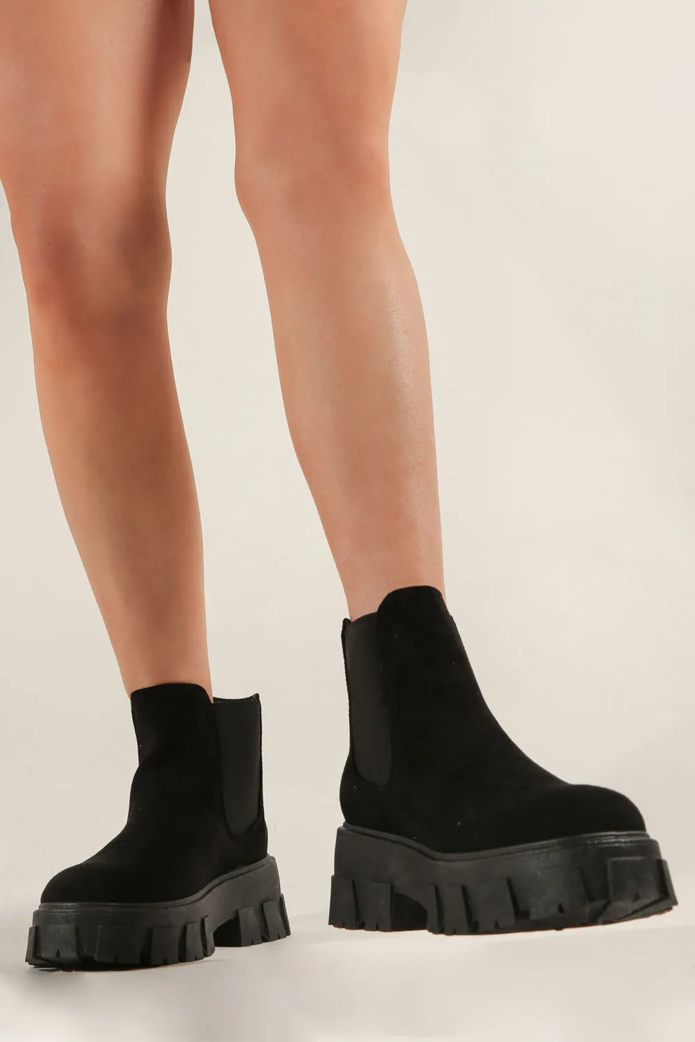 Black Faux Suede Chunky Heel Boots