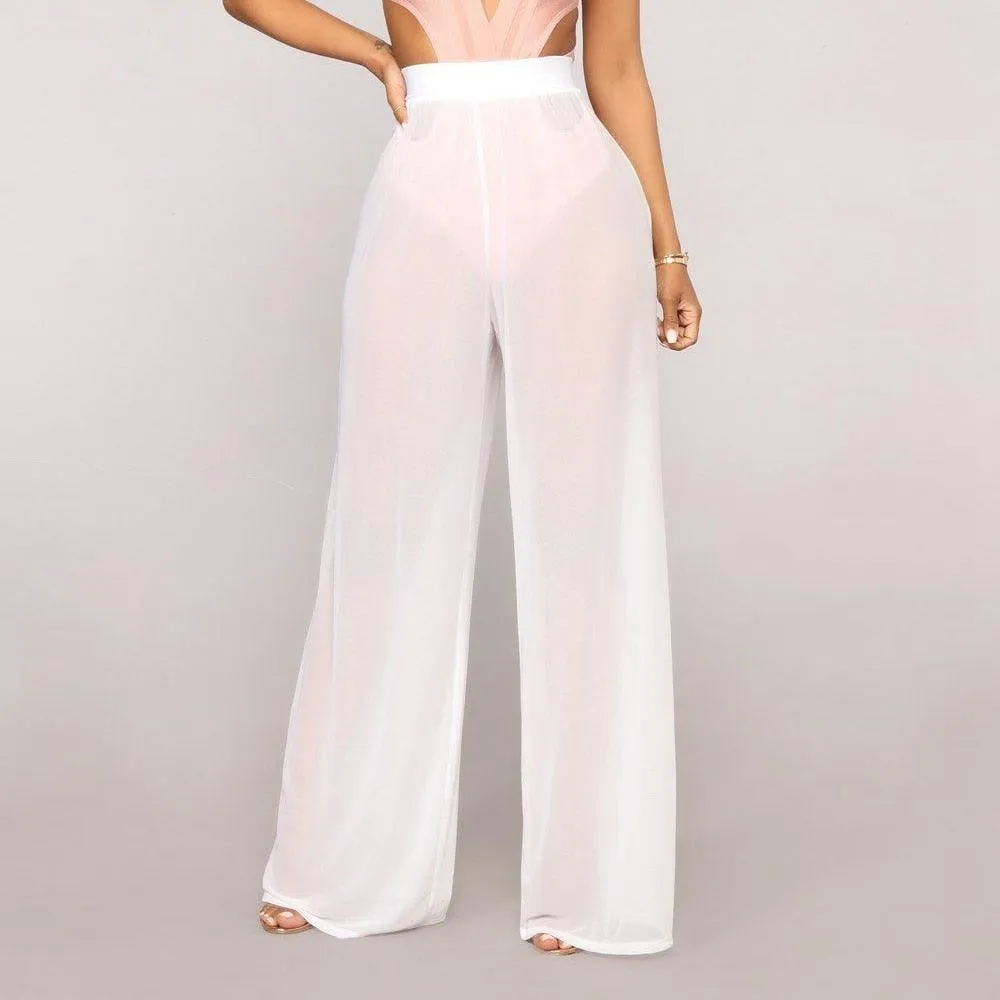 Boho High-Waist See-Through Wide-Leg Trousers