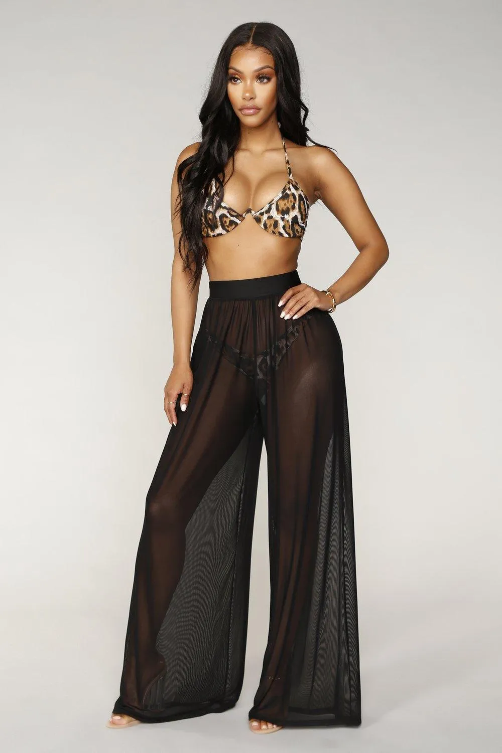 Boho High-Waist See-Through Wide-Leg Trousers