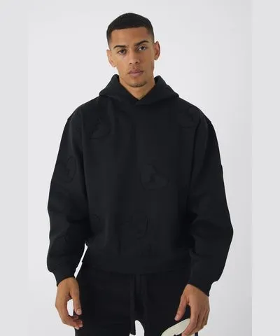 boohoo Mens Oversized Boxy All Over Heart Applique Hoodie