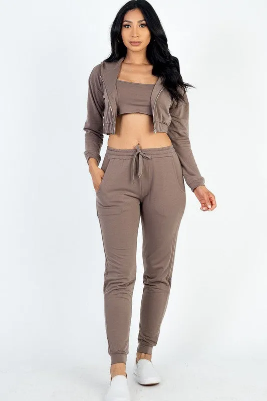 Cropped Cami with Zip-up Jacket and Joggers Set