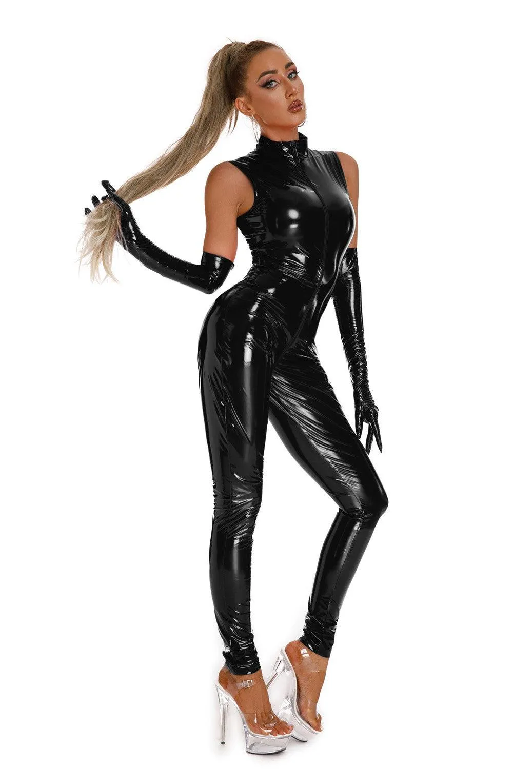 Elastic Sleeveless Tight Zipper Full Bodysuit