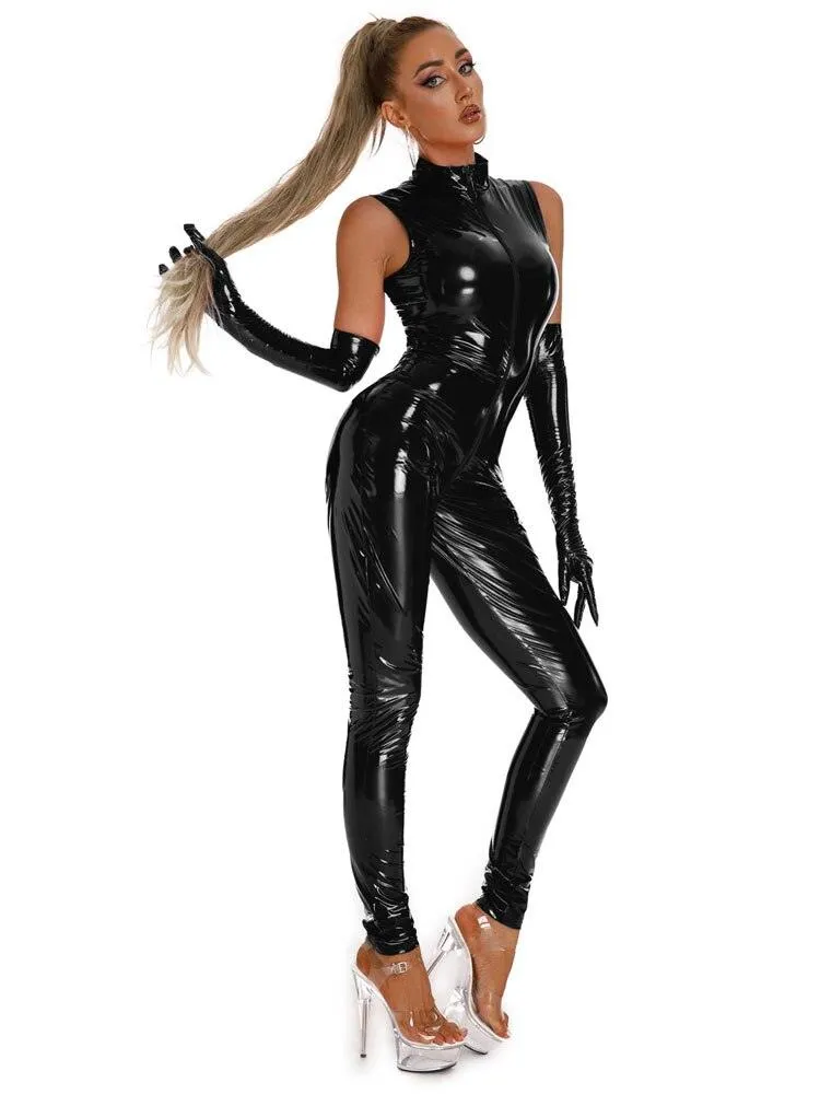 Elastic Sleeveless Tight Zipper Full Bodysuit