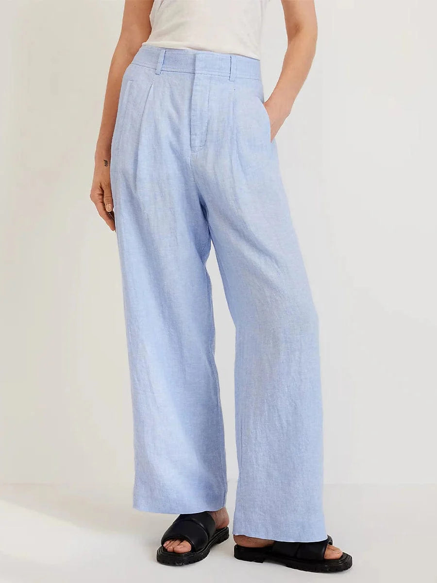 Elegant High Waist Wide Leg Linen Cotton Pants in Blue for Women - Sizes S to 2XL