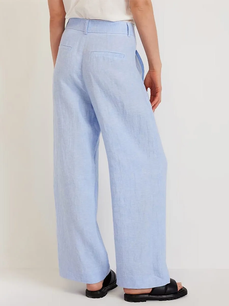 Elegant High Waist Wide Leg Linen Cotton Pants in Blue for Women - Sizes S to 2XL