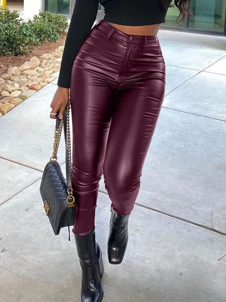 Faux Leather High-Waisted Skinny Pants - Single Button and Zipper Closure for a Sleek and Sexy Look