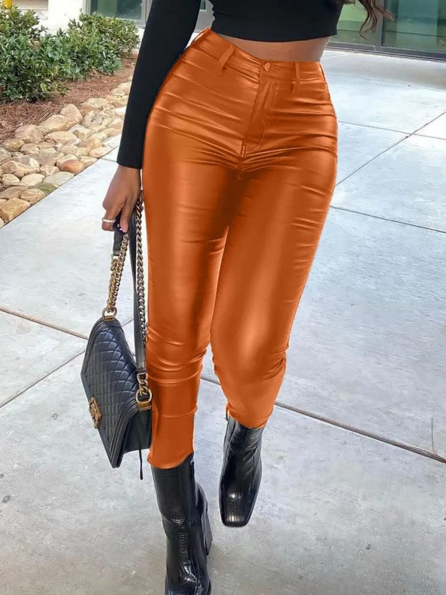 Faux Leather High-Waisted Skinny Pants - Single Button and Zipper Closure for a Sleek and Sexy Look