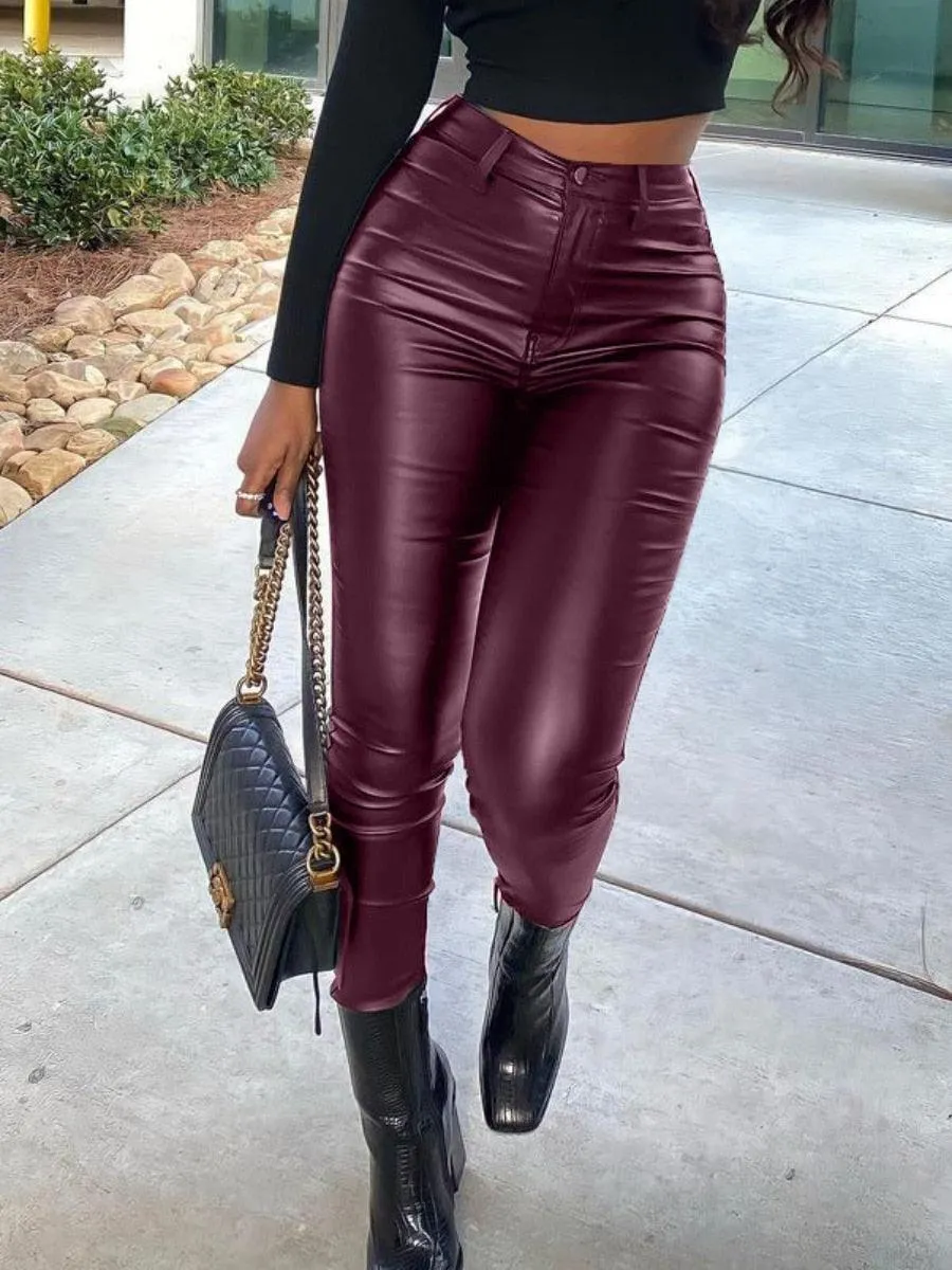 Faux Leather High-Waisted Skinny Pants - Single Button and Zipper Closure for a Sleek and Sexy Look