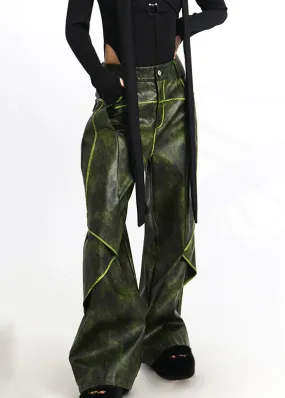 French Green Pockets High Waist Faux Leather Pants Spring AS1011