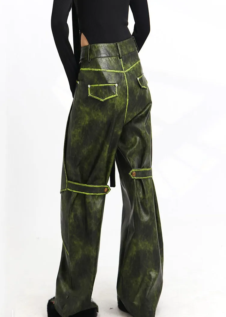 French Green Pockets High Waist Faux Leather Pants Spring AS1011