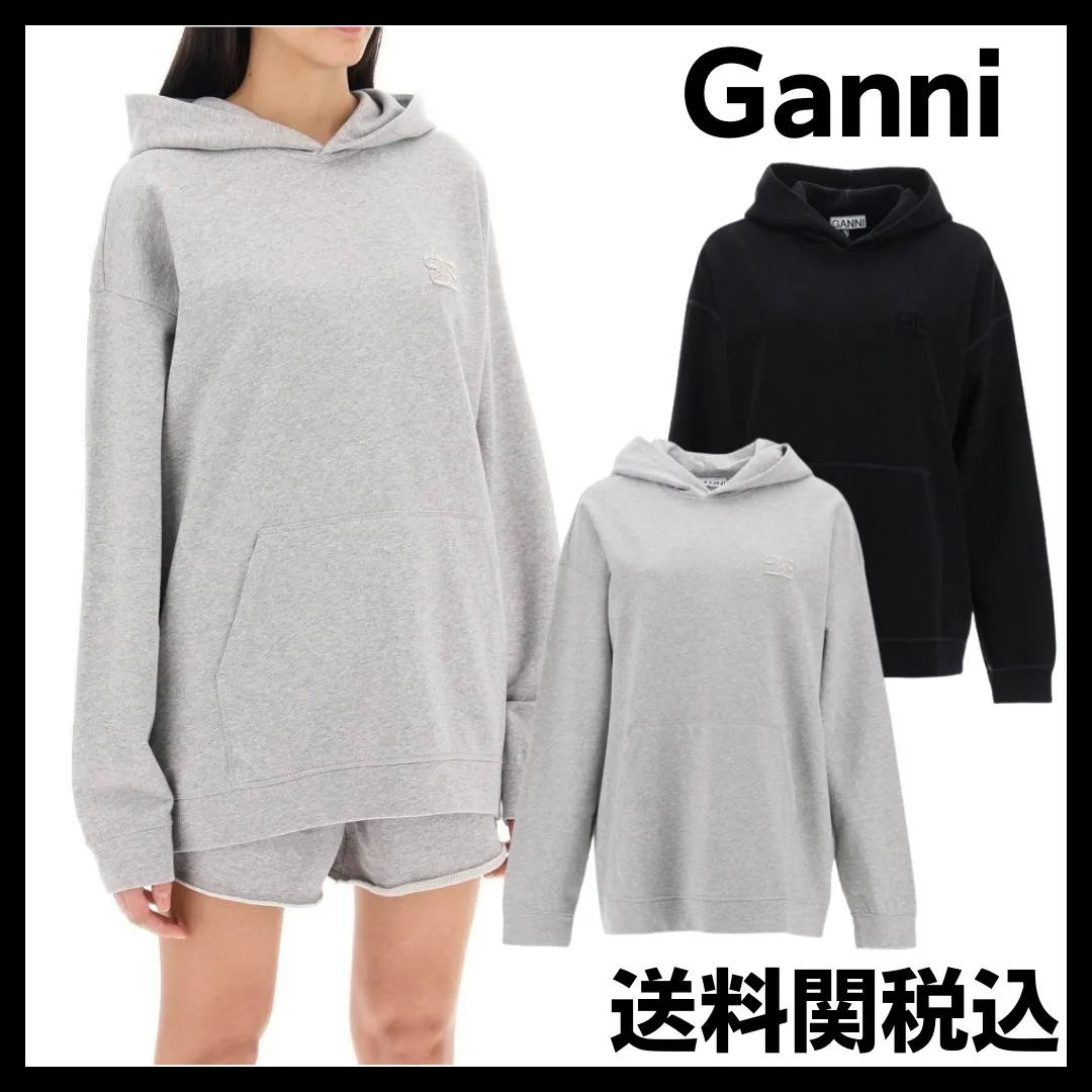 Ganni  |Long Sleeves Plain Cotton Logo Hoodies & Sweatshirts