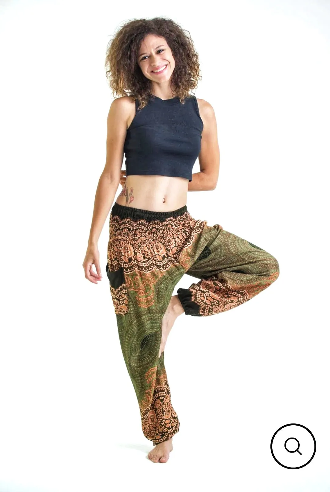 Geometric Mandalas Harem Pants in Olive Green