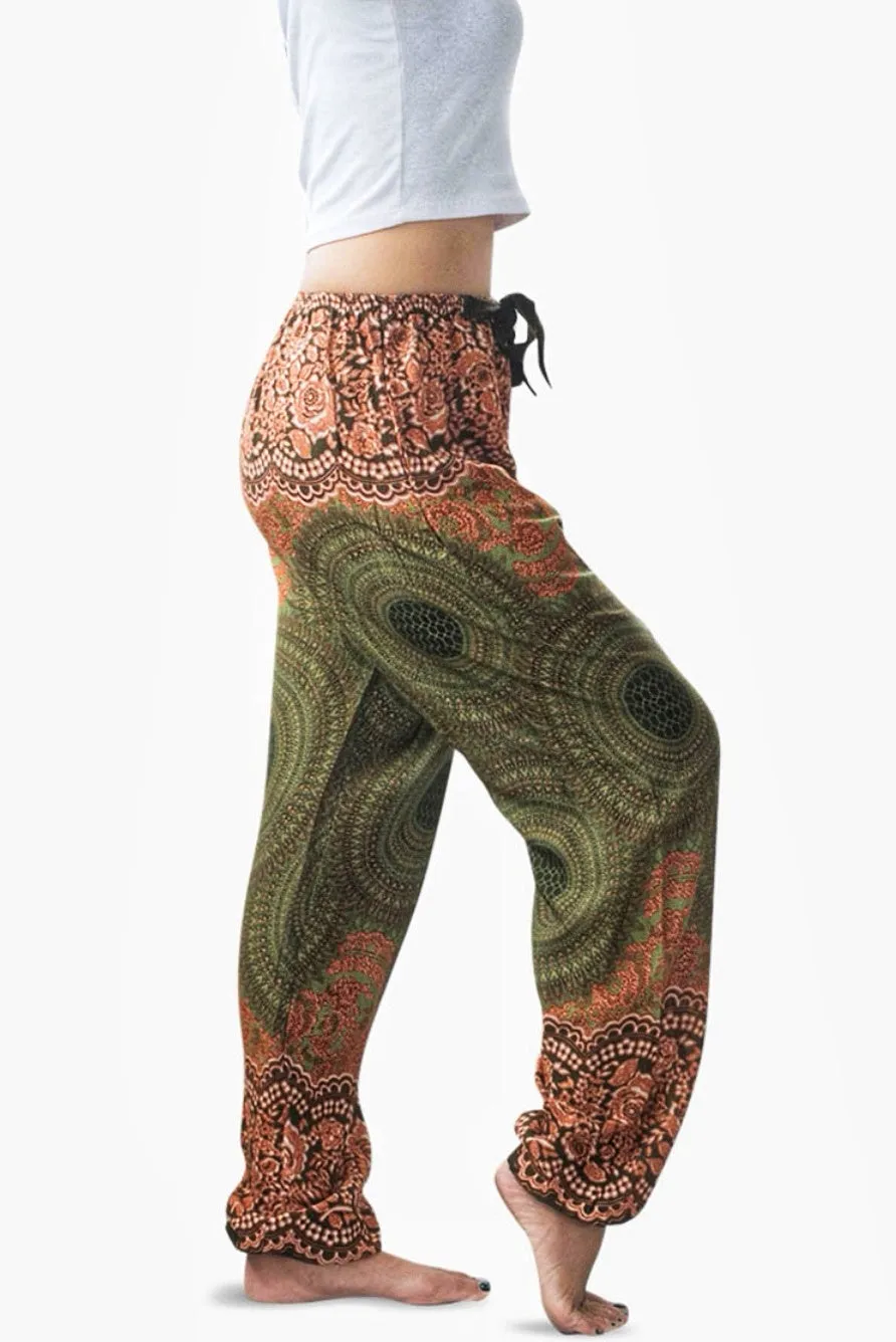 Geometric Mandalas Harem Pants in Olive Green