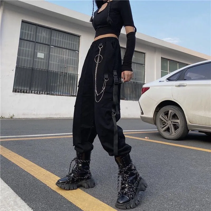 Gothic Black Chain Cargo Pants - Oversize Harem Style