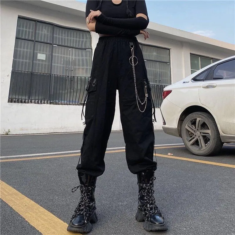 Gothic Black Chain Cargo Pants - Oversize Harem Style