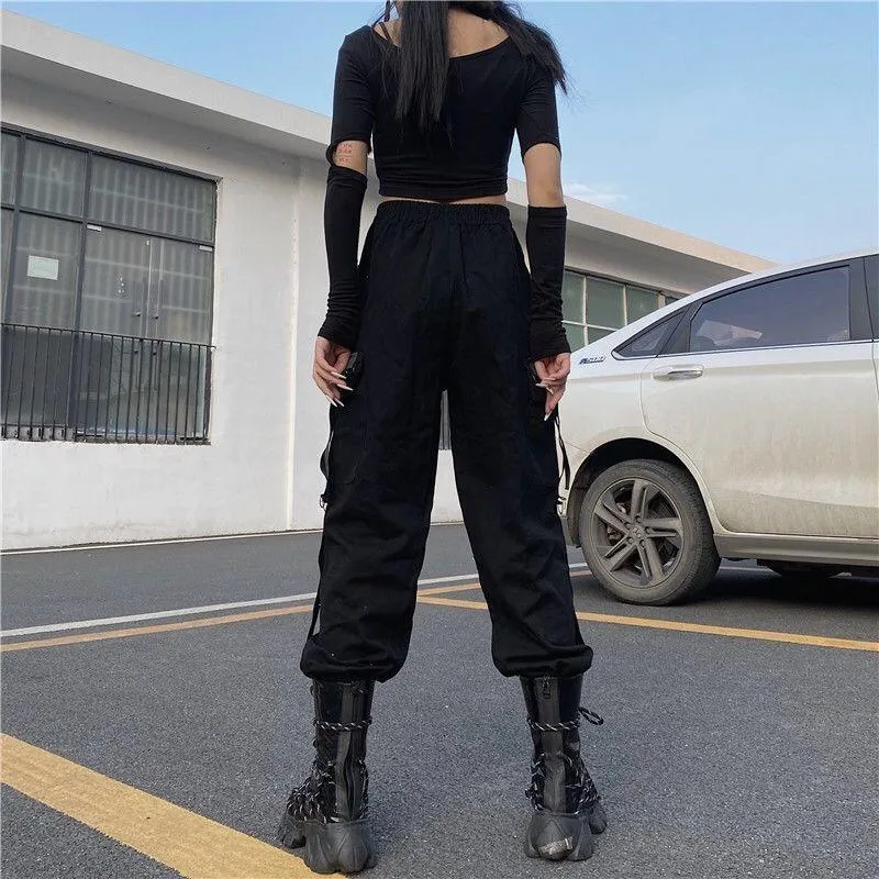 Gothic Black Chain Cargo Pants - Oversize Harem Style