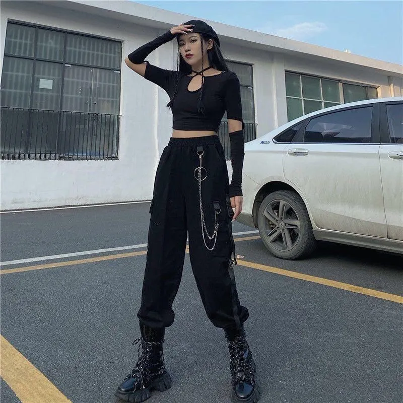 Gothic Black Chain Cargo Pants - Oversize Harem Style