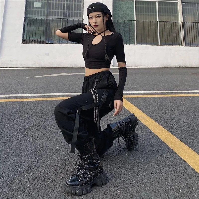 Gothic Black Chain Cargo Pants - Oversize Harem Style