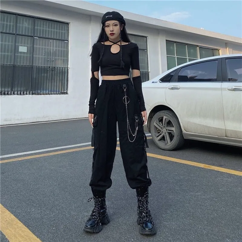 Gothic Black Chain Cargo Pants - Oversize Harem Style