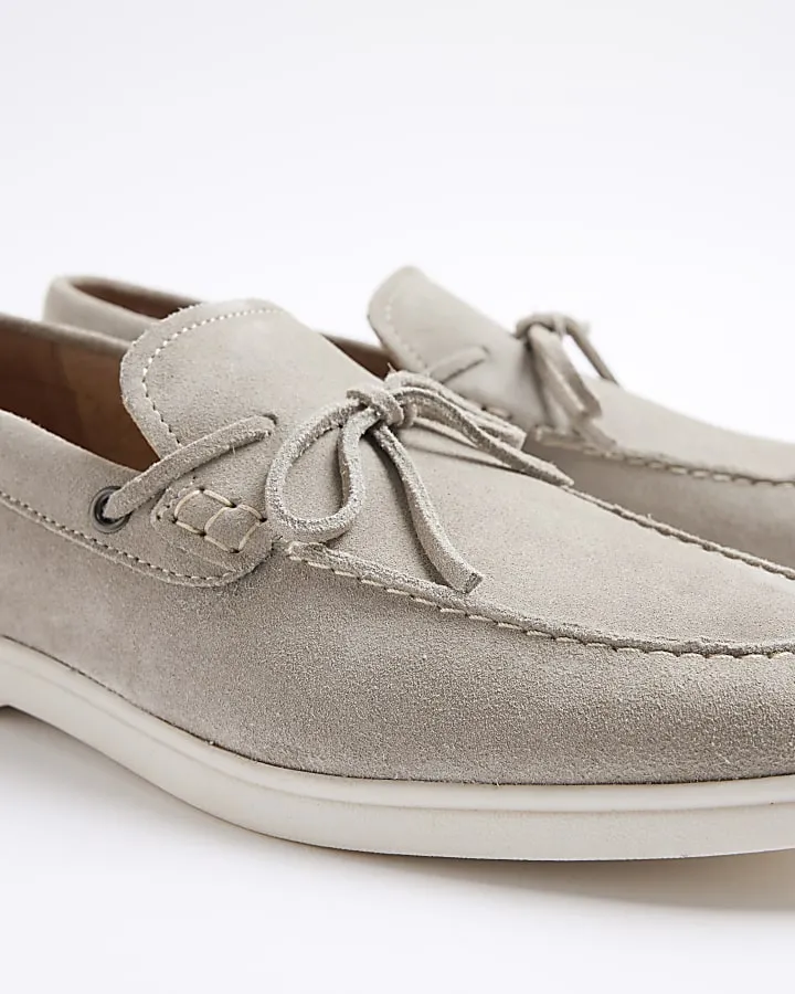 Grey suede slip on loafers