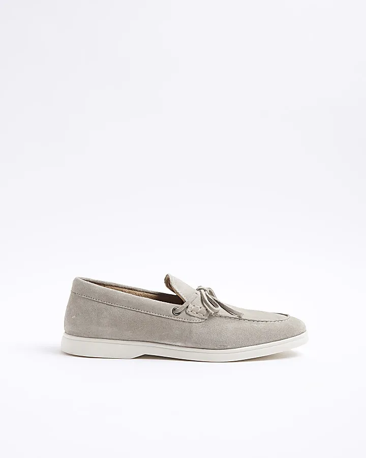 Grey suede slip on loafers