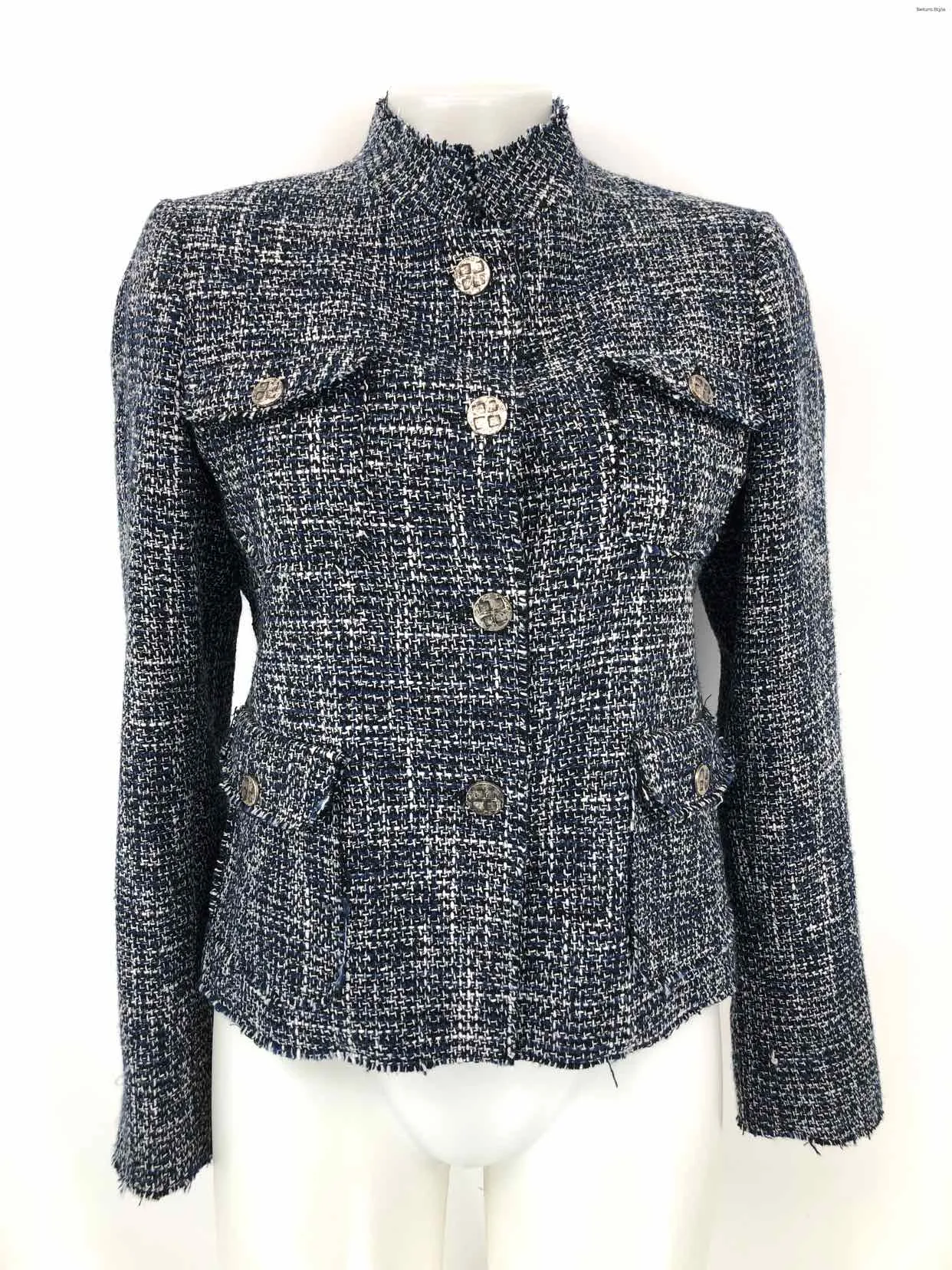 LA MAISON Navy Black & White Tweed Longsleeve Women Size LARGE  (L) Jacket