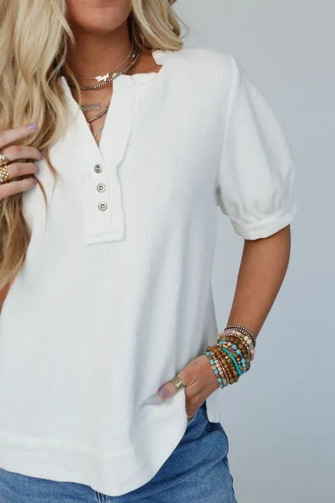 Lillie Puff Sleeve Henley Top - Off White