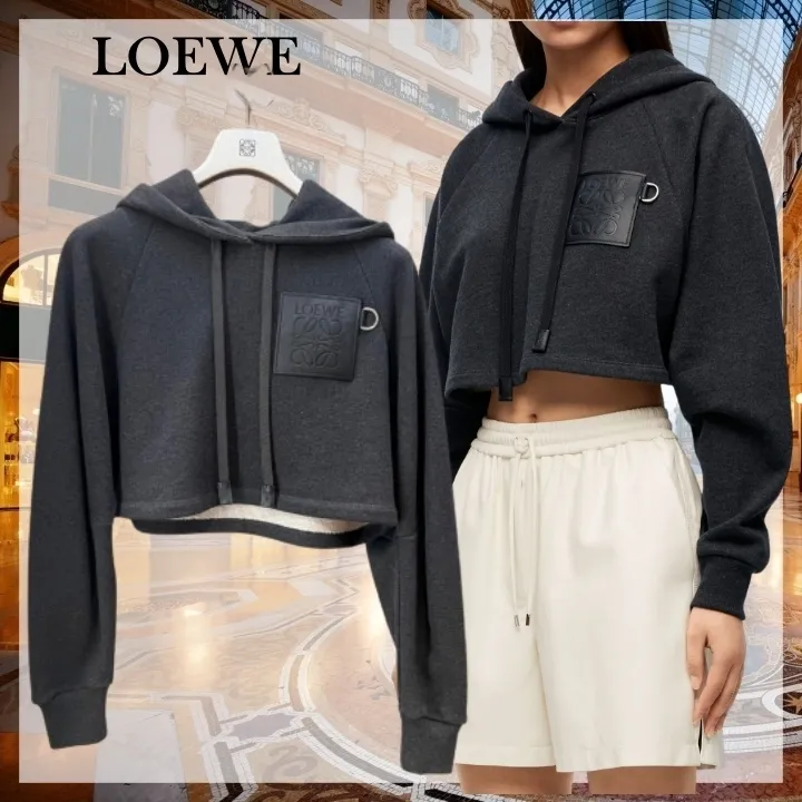 LOEWE  |Long Sleeves Plain Cotton Logo Hoodies & Sweatshirts