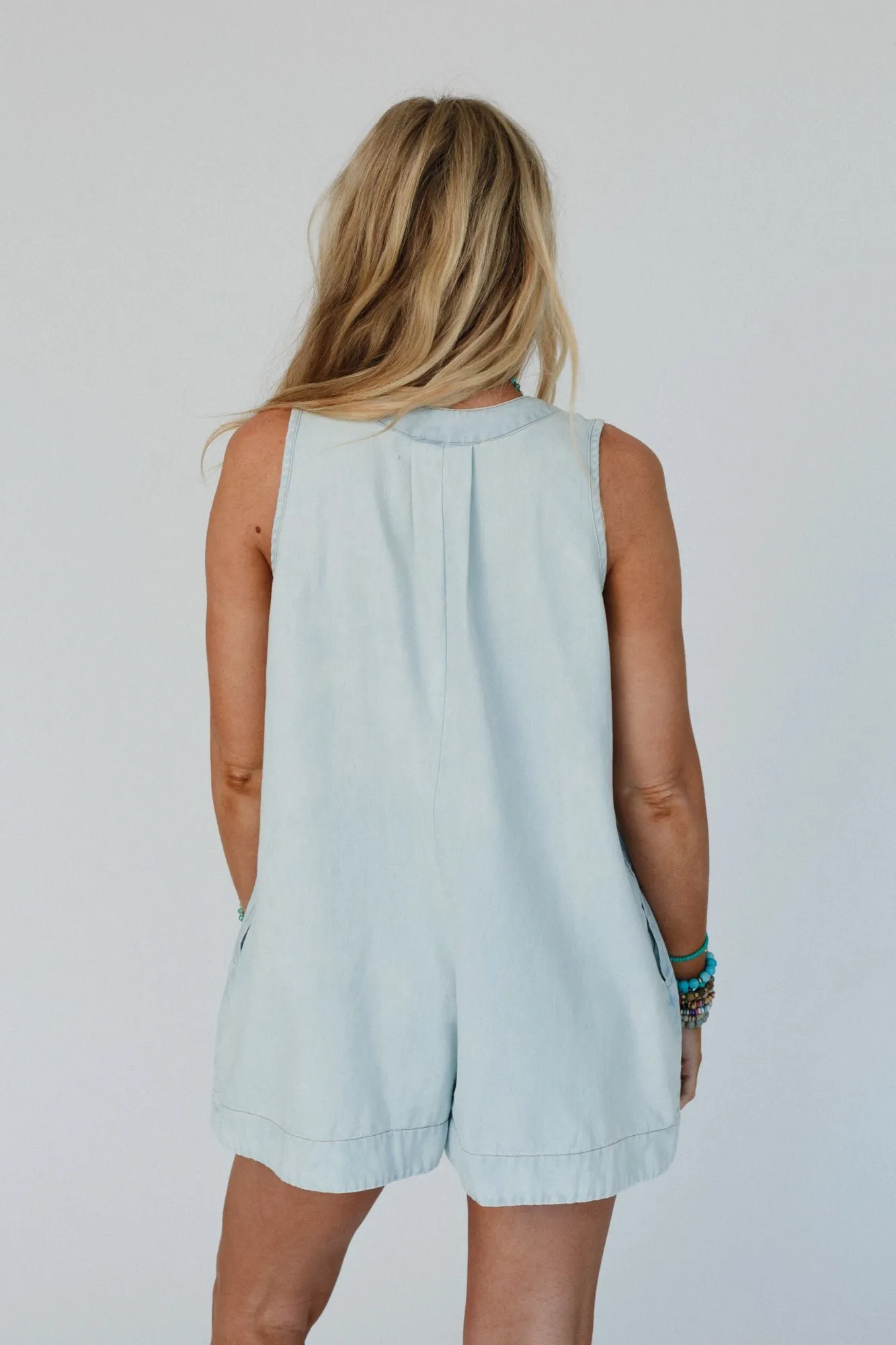 Lucile Tie Denim Romper - Light Denim