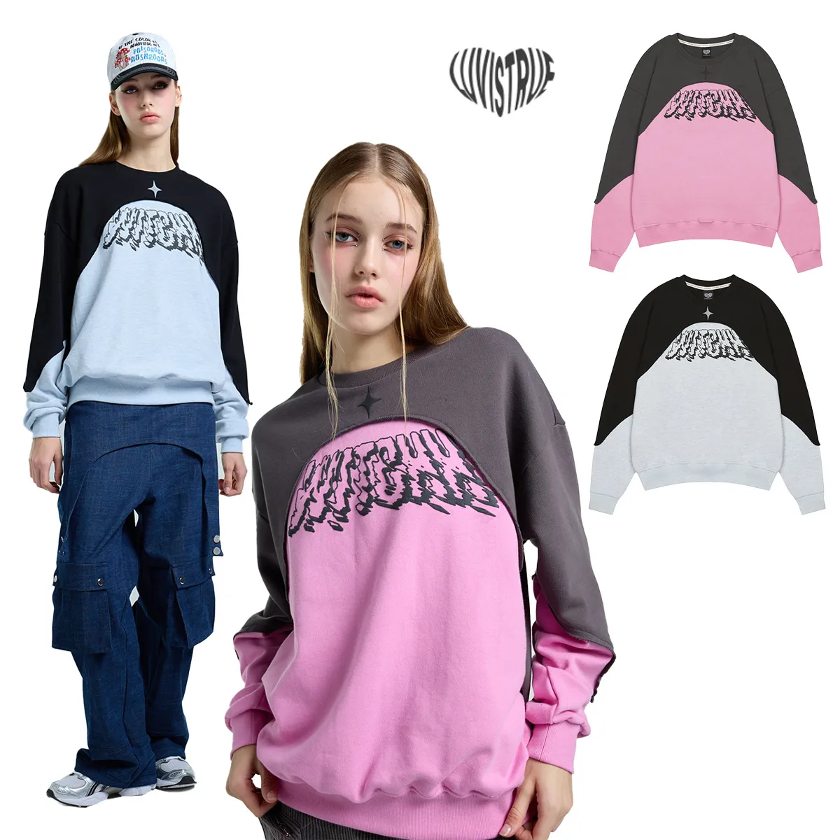 LUV IS TRUE  |U-Neck Long Sleeves Hoodies & Sweatshirts