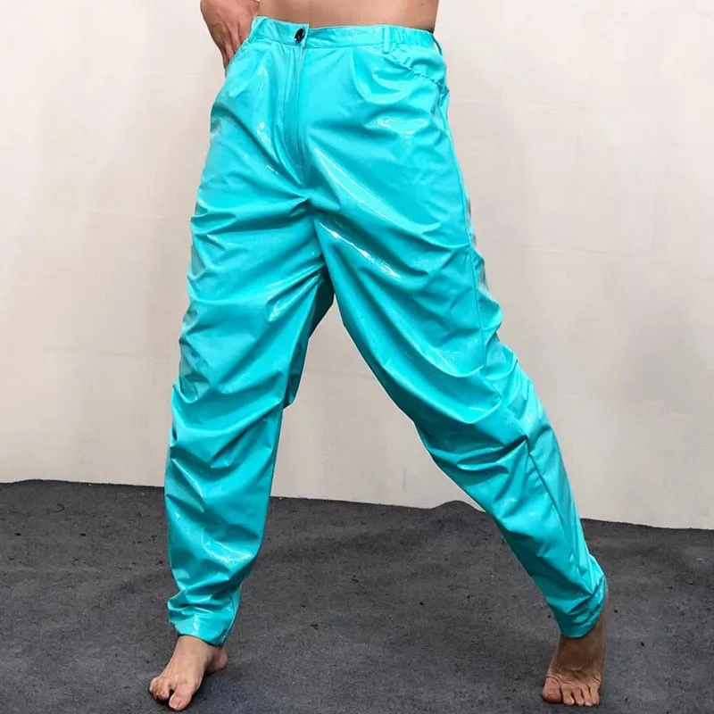 Men's Sky Blue Sexy Loose Pleated Bright Elastic Waist Casual Pants