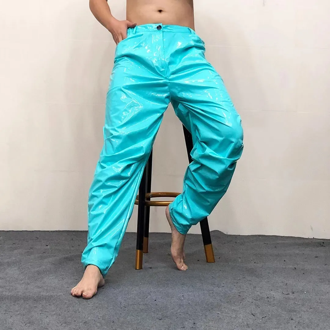 Men's Sky Blue Sexy Loose Pleated Bright Elastic Waist Casual Pants