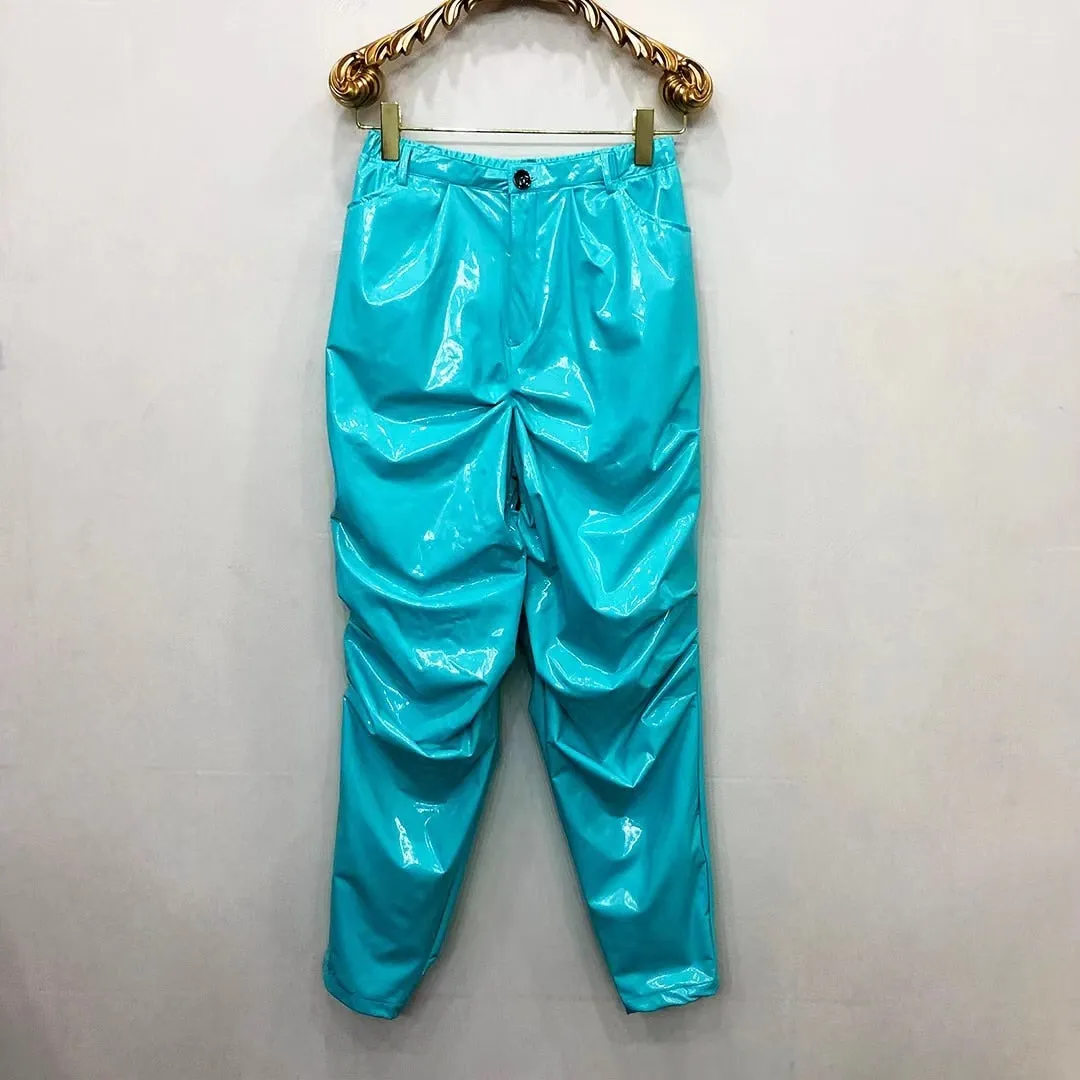 Men's Sky Blue Sexy Loose Pleated Bright Elastic Waist Casual Pants