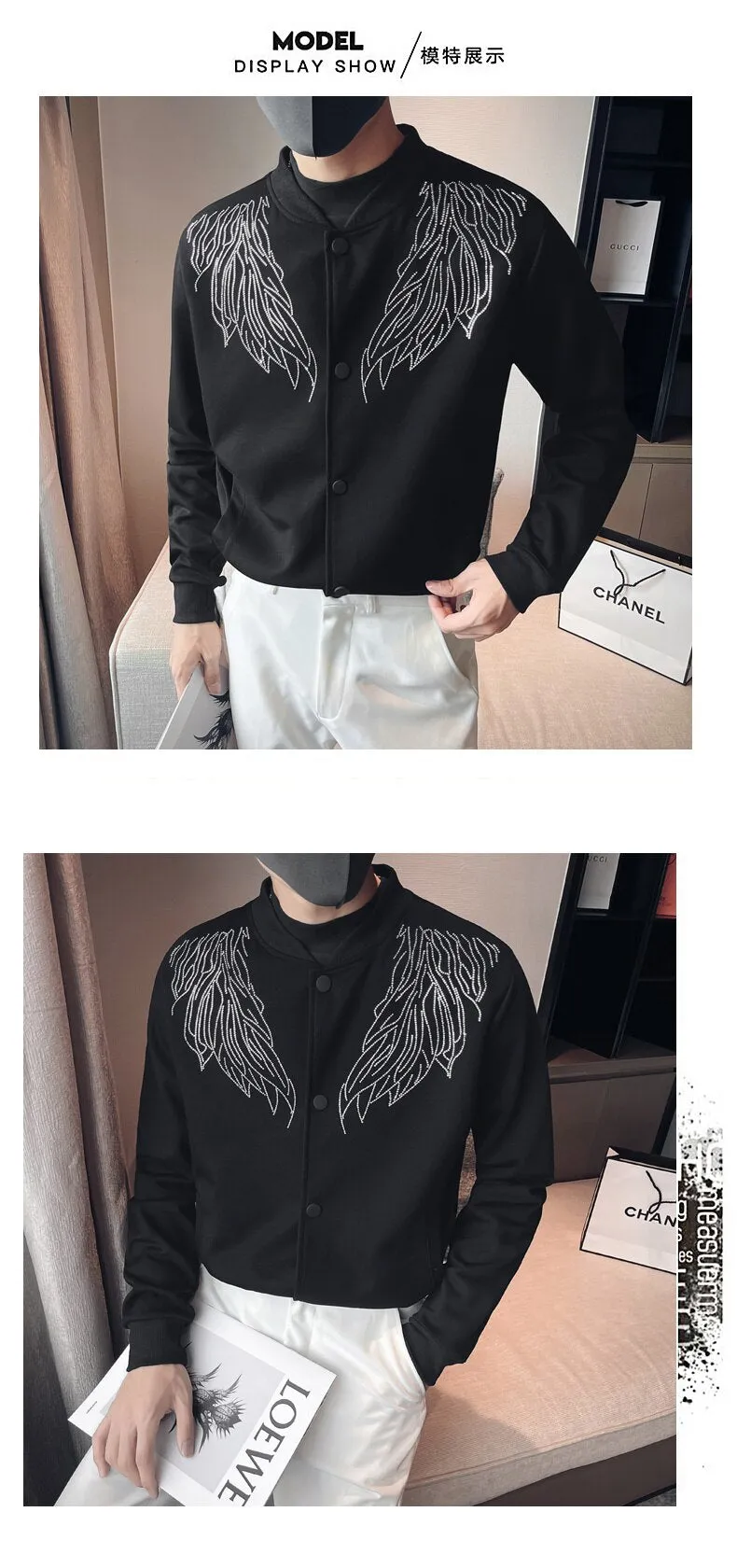 Men's Spring Wings Rhinestone Baseball Varsity Streetwear Bomber Jacket