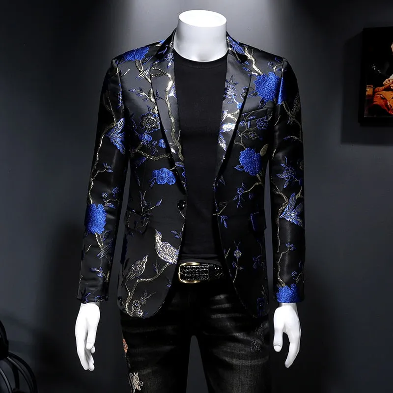 Men's Vintage Luxury Chinese Style Flower Bird Printed Slim Fit Blazer