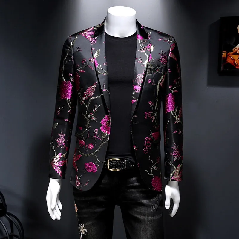 Men's Vintage Luxury Chinese Style Flower Bird Printed Slim Fit Blazer