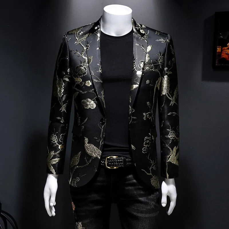 Men's Vintage Luxury Chinese Style Flower Bird Printed Slim Fit Blazer