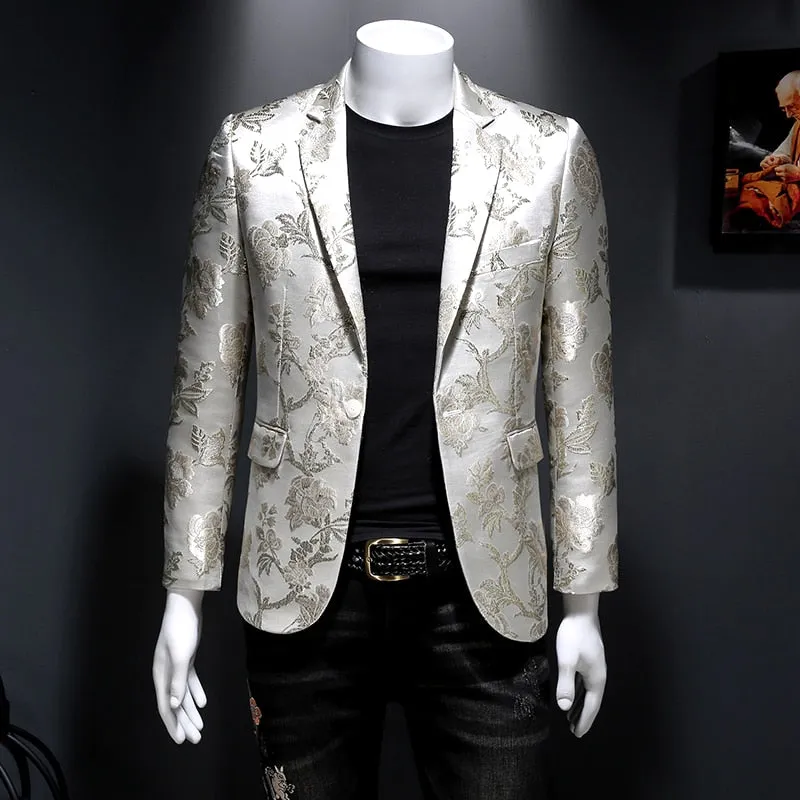 Men's Vintage Luxury Chinese Style Flower Bird Printed Slim Fit Blazer