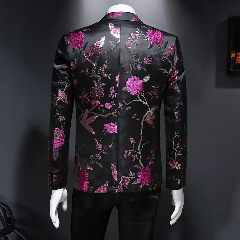 Men's Vintage Luxury Chinese Style Flower Bird Printed Slim Fit Blazer