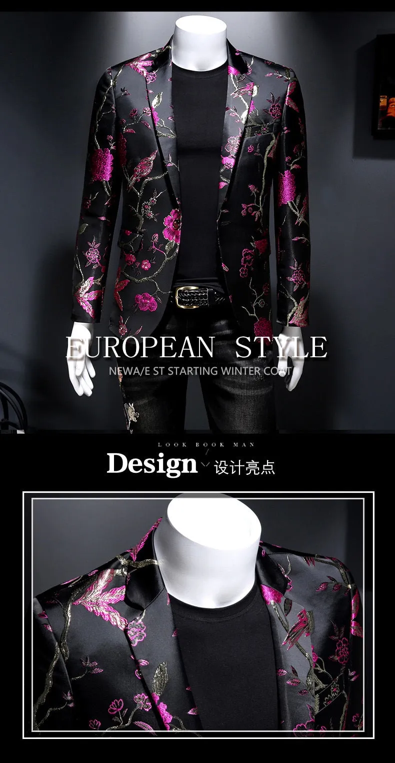 Men's Vintage Luxury Chinese Style Flower Bird Printed Slim Fit Blazer