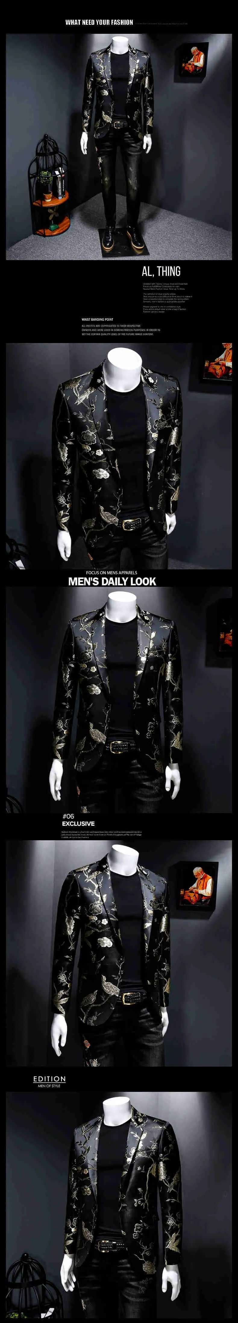 Men's Vintage Luxury Chinese Style Flower Bird Printed Slim Fit Blazer