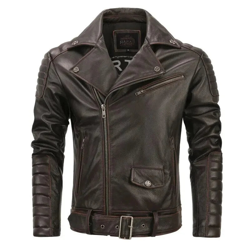 Men's Vintage Real Cowhide Leather Slim Fit Motorcycle Street Jacket