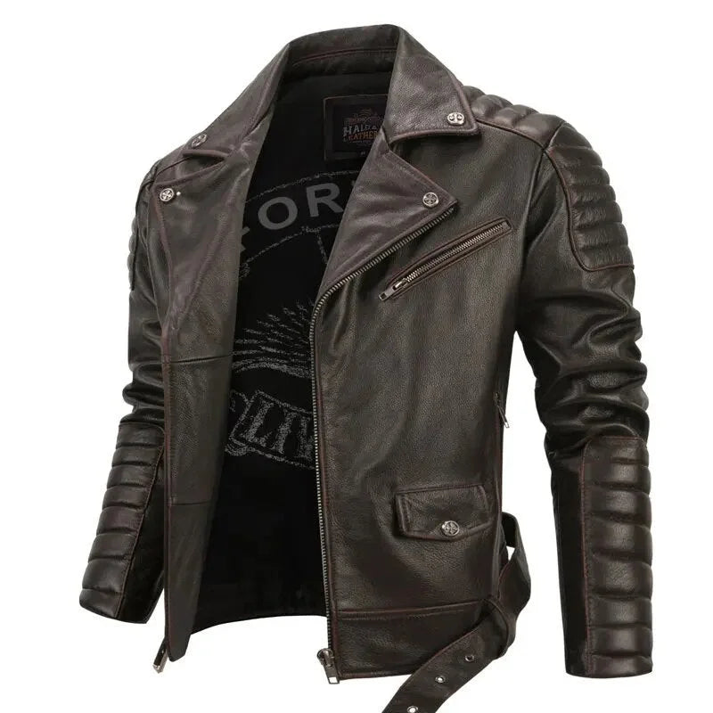 Men's Vintage Real Cowhide Leather Slim Fit Motorcycle Street Jacket