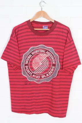 NBA Portland Trail Blazers Causal Red Striped T-Shirt USA Made (XL)