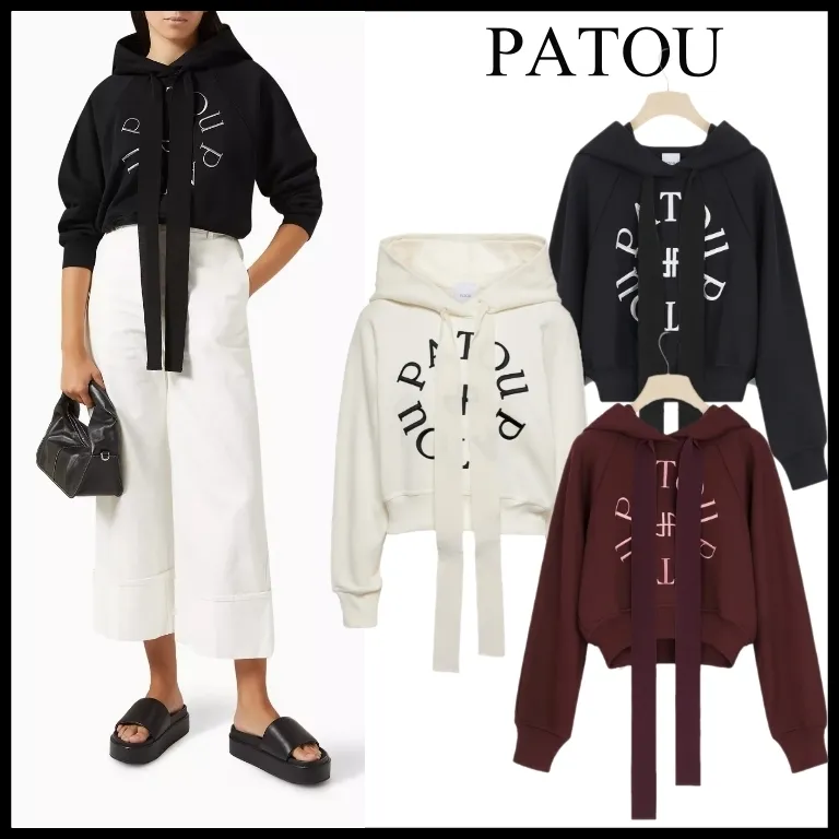 PATOU  |Long Sleeves Plain Cotton Logo Hoodies & Sweatshirts