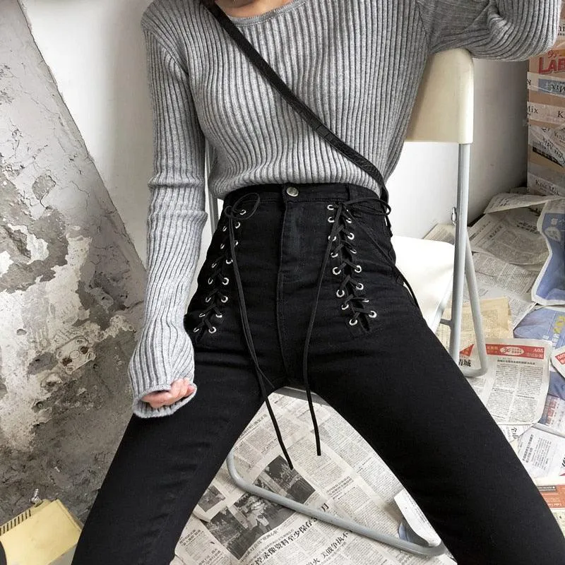 Pencil Pants Lace-Up Zip Ankle-length Jeans