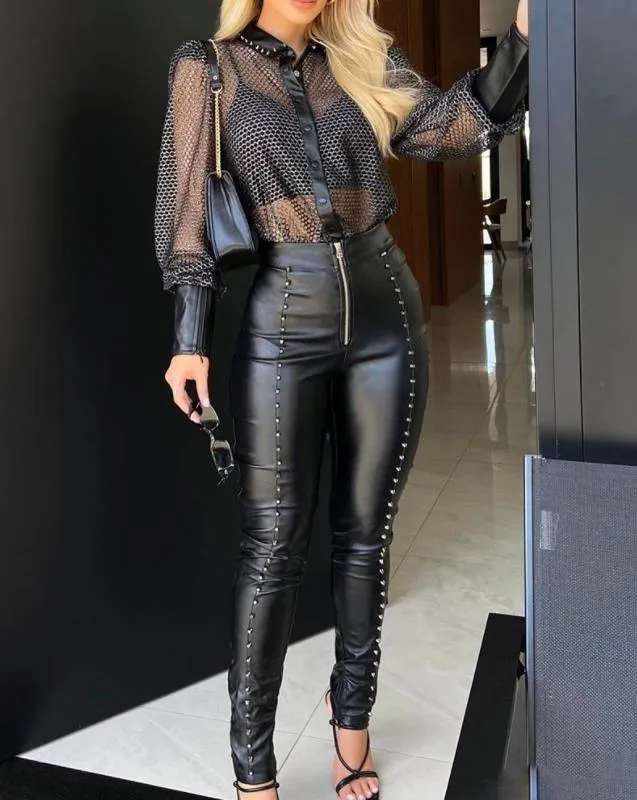 Plain PU Leather Studded Zipper Design Sexy Skinny Long Pants