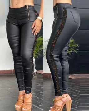 PU Leather Skinny Pants with Lace Patch and Zipper Design - Perfect for a Sleek and Sexy Look