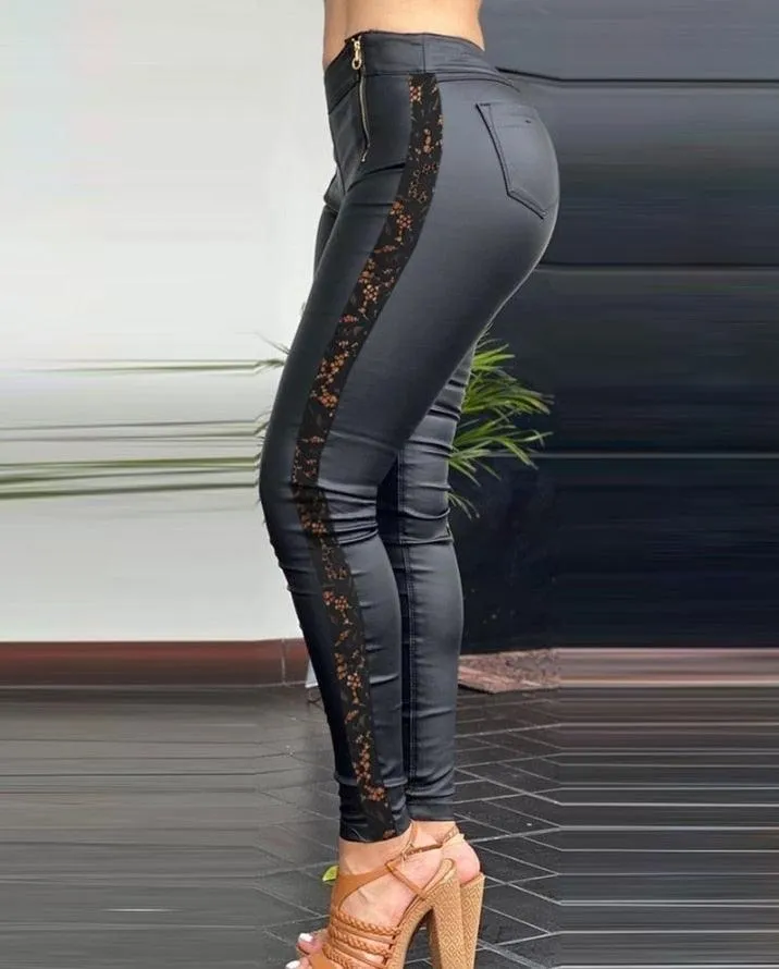 PU Leather Skinny Pants with Lace Patch and Zipper Design - Perfect for a Sleek and Sexy Look